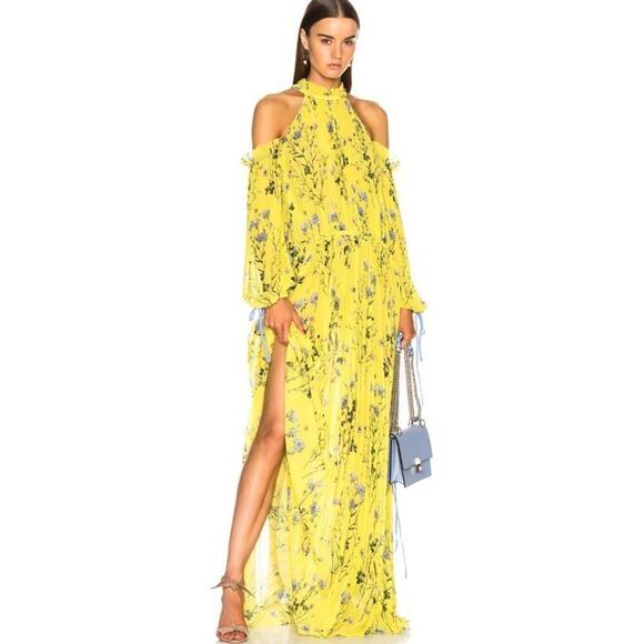 Self Portrait S Dress Floral Yellow Pleated Cold Shoulder Maxi Flowy NEW NWT - Picture 1 of 14
